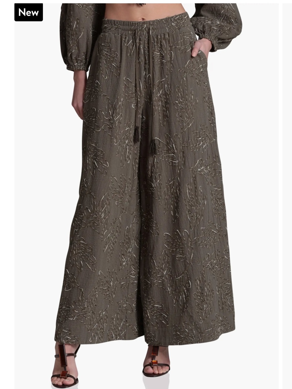 Avec Les Filles Olive Green Printed extreme Wide-Leg Palazzo Pants embroidered s - Picture 4 of 4